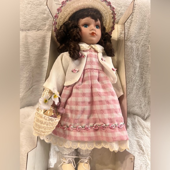 Collectible Porcelain Doll with Brown Curl Hair Pink Dress Straw Hat with Stand - Picture 11 of 13